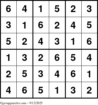 The grouppuzzles.com Answer grid for the Sudoku-6up puzzle for Friday September 12, 2025