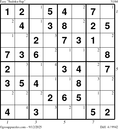 The grouppuzzles.com Easy Sudoku-8up puzzle for Friday September 12, 2025 with all 4 steps marked
