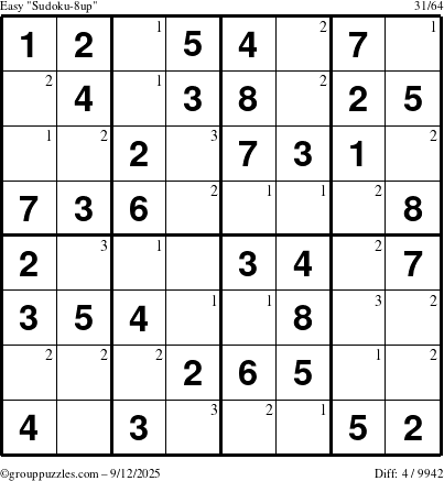 The grouppuzzles.com Easy Sudoku-8up puzzle for Friday September 12, 2025 with the first 3 steps marked