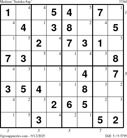 The grouppuzzles.com Medium Sudoku-8up puzzle for Friday September 12, 2025 with all 5 steps marked