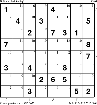 The grouppuzzles.com Difficult Sudoku-8up puzzle for Friday September 12, 2025 with all 12 steps marked