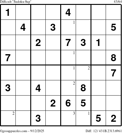 The grouppuzzles.com Difficult Sudoku-8up puzzle for Friday September 12, 2025 with the first 3 steps marked