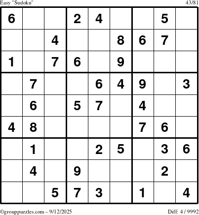 The grouppuzzles.com Easy Sudoku puzzle for Friday September 12, 2025
