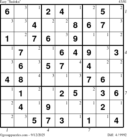 The grouppuzzles.com Easy Sudoku puzzle for Friday September 12, 2025 with all 4 steps marked