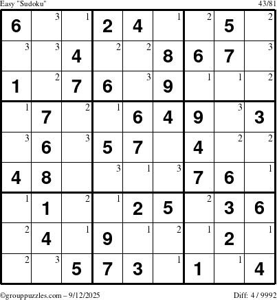 The grouppuzzles.com Easy Sudoku puzzle for Friday September 12, 2025 with the first 3 steps marked