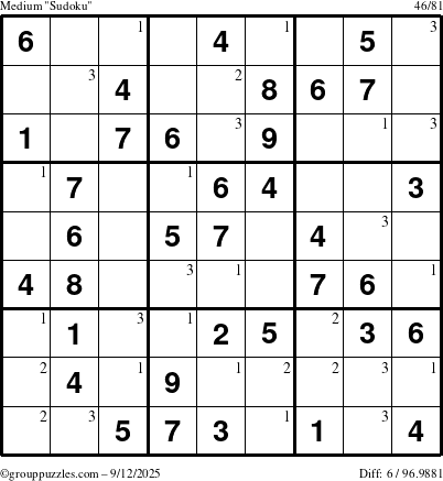 The grouppuzzles.com Medium Sudoku puzzle for Friday September 12, 2025 with the first 3 steps marked