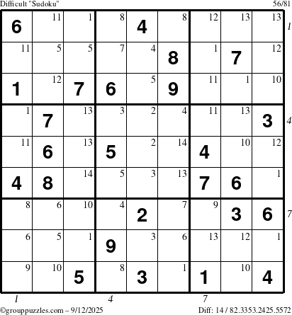 The grouppuzzles.com Difficult Sudoku puzzle for Friday September 12, 2025 with all 14 steps marked