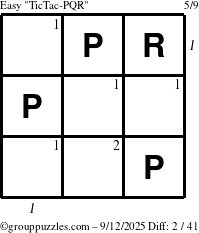 The grouppuzzles.com Easy TicTac-PQR puzzle for Friday September 12, 2025 with all 2 steps marked