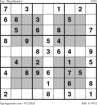 The grouppuzzles.com Easy HyperSudoku puzzle for Friday September 12, 2025