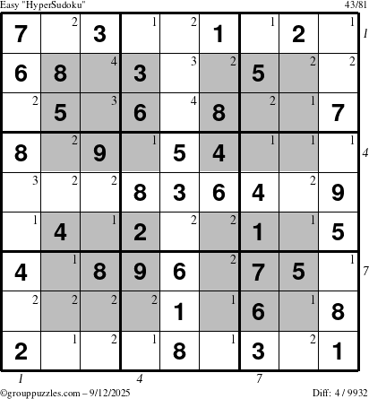 The grouppuzzles.com Easy HyperSudoku puzzle for Friday September 12, 2025 with all 4 steps marked