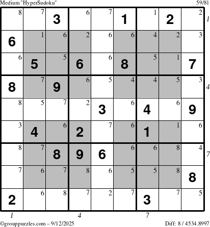 The grouppuzzles.com Medium HyperSudoku puzzle for Friday September 12, 2025 with all 8 steps marked