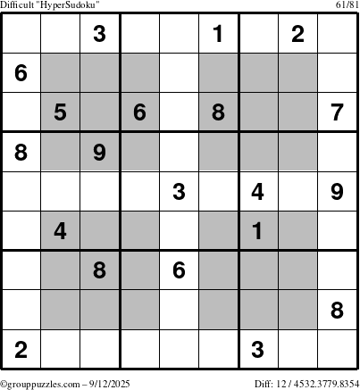 The grouppuzzles.com Difficult HyperSudoku puzzle for Friday September 12, 2025