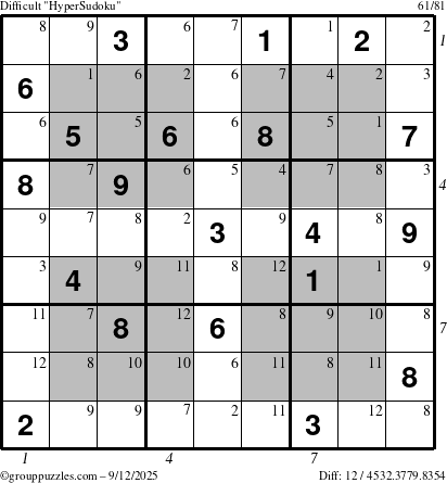 The grouppuzzles.com Difficult HyperSudoku puzzle for Friday September 12, 2025 with all 12 steps marked
