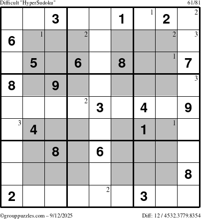 The grouppuzzles.com Difficult HyperSudoku puzzle for Friday September 12, 2025 with the first 3 steps marked