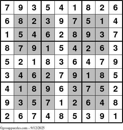 The grouppuzzles.com Answer grid for the HyperSudoku puzzle for Friday September 12, 2025