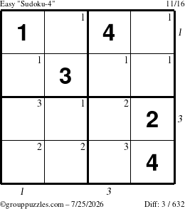The grouppuzzles.com Easy Sudoku-4 puzzle for Saturday July 25, 2026, suitable for printing, with all 3 steps marked