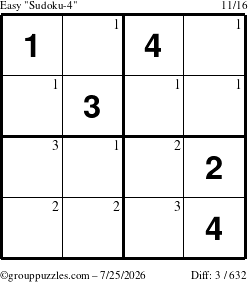 The grouppuzzles.com Easy Sudoku-4 puzzle for Saturday July 25, 2026 with the first 3 steps marked