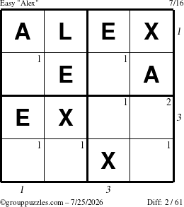 The grouppuzzles.com Easy Alex puzzle for Saturday July 25, 2026 with all 2 steps marked