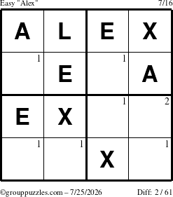 The grouppuzzles.com Easy Alex puzzle for Saturday July 25, 2026 with the first 2 steps marked