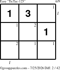 The grouppuzzles.com Easy TicTac-123 puzzle for Saturday July 25, 2026 with all 2 steps marked