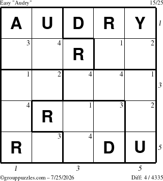 The grouppuzzles.com Easy Audry puzzle for Saturday July 25, 2026, suitable for printing, with all 4 steps marked