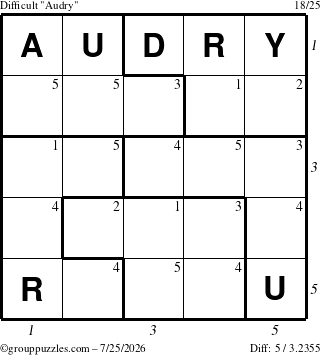 The grouppuzzles.com Difficult Audry puzzle for Saturday July 25, 2026, suitable for printing, with all 5 steps marked