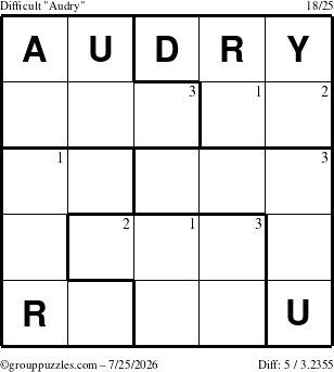 The grouppuzzles.com Difficult Audry puzzle for Saturday July 25, 2026 with the first 3 steps marked
