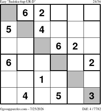 The grouppuzzles.com Easy Sudoku-6up-UR-D puzzle for Saturday July 25, 2026