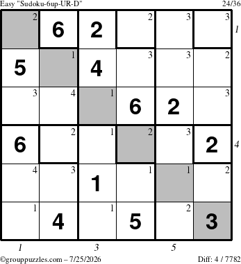 The grouppuzzles.com Easy Sudoku-6up-UR-D puzzle for Saturday July 25, 2026, suitable for printing, with all 4 steps marked
