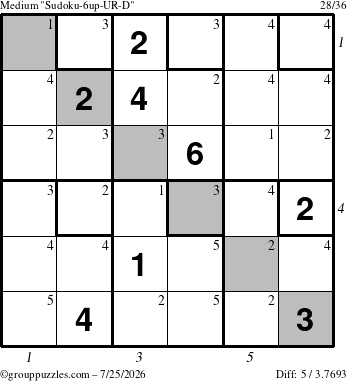 The grouppuzzles.com Medium Sudoku-6up-UR-D puzzle for Saturday July 25, 2026 with all 5 steps marked