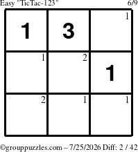 The grouppuzzles.com Easy TicTac-123 puzzle for Saturday July 25, 2026 with the first 2 steps marked