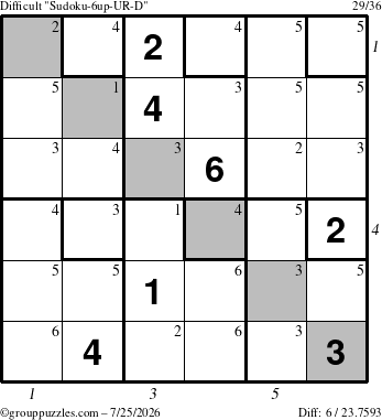 The grouppuzzles.com Difficult Sudoku-6up-UR-D puzzle for Saturday July 25, 2026, suitable for printing, with all 6 steps marked