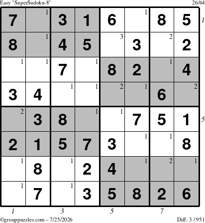 The grouppuzzles.com Easy SuperSudoku-8 puzzle for Saturday July 25, 2026, suitable for printing, with all 3 steps marked