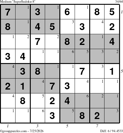 The grouppuzzles.com Medium SuperSudoku-8 puzzle for Saturday July 25, 2026 with all 6 steps marked