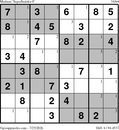 The grouppuzzles.com Medium SuperSudoku-8 puzzle for Saturday July 25, 2026 with the first 3 steps marked
