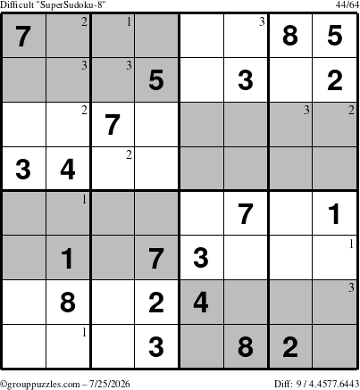 The grouppuzzles.com Difficult SuperSudoku-8 puzzle for Saturday July 25, 2026 with the first 3 steps marked
