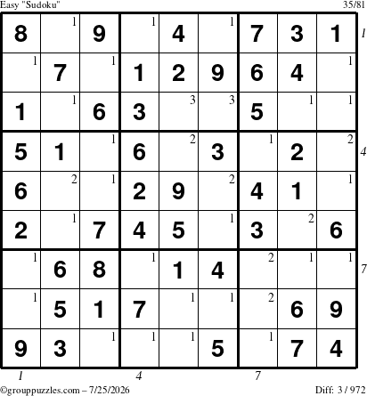 The grouppuzzles.com Easy Sudoku puzzle for Saturday July 25, 2026 with all 3 steps marked