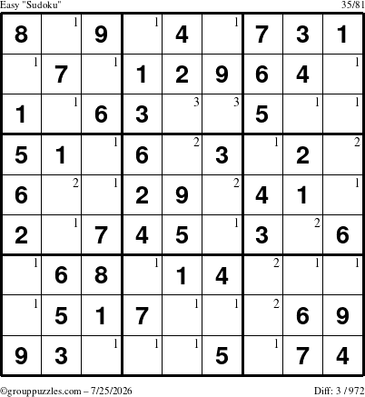 The grouppuzzles.com Easy Sudoku puzzle for Saturday July 25, 2026 with the first 3 steps marked
