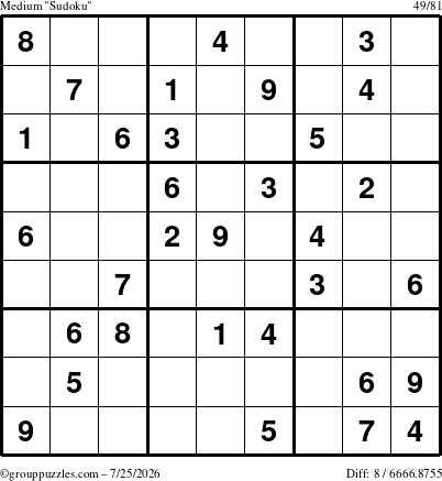 The grouppuzzles.com Medium Sudoku puzzle for Saturday July 25, 2026