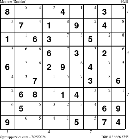 The grouppuzzles.com Medium Sudoku puzzle for Saturday July 25, 2026, suitable for printing, with all 8 steps marked