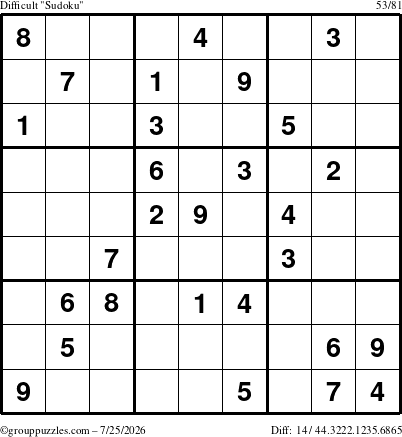 The grouppuzzles.com Difficult Sudoku puzzle for Saturday July 25, 2026