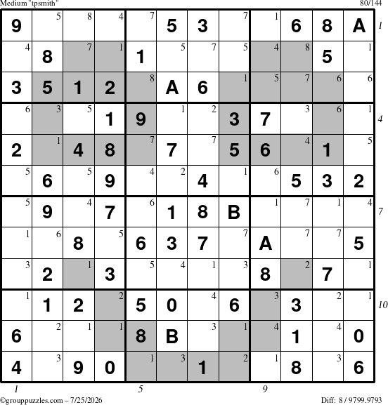 The grouppuzzles.com Medium tpsmith puzzle for Saturday July 25, 2026 with all 8 steps marked