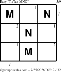 The grouppuzzles.com Easy TicTac-MNO puzzle for Saturday July 25, 2026, suitable for printing, with all 2 steps marked
