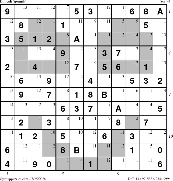 The grouppuzzles.com Difficult tpsmith puzzle for Saturday July 25, 2026, suitable for printing, with all 14 steps marked