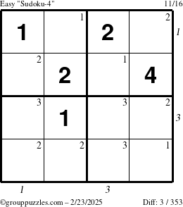 The grouppuzzles.com Easy Sudoku-4 puzzle for Sunday February 23, 2025, suitable for printing, with all 3 steps marked