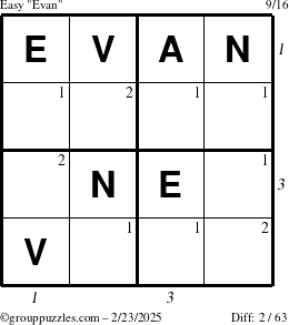 The grouppuzzles.com Easy Evan puzzle for Sunday February 23, 2025 with all 2 steps marked