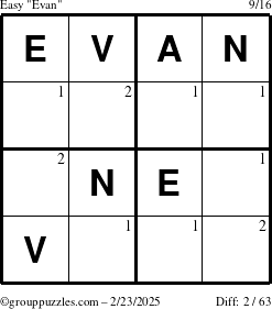 The grouppuzzles.com Easy Evan puzzle for Sunday February 23, 2025 with the first 2 steps marked