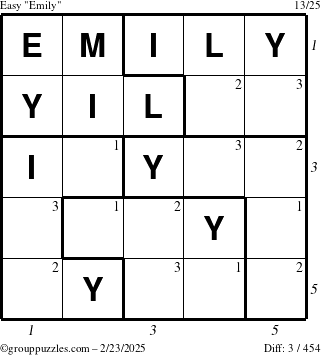 The grouppuzzles.com Easy Emily puzzle for Sunday February 23, 2025 with all 3 steps marked