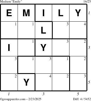 The grouppuzzles.com Medium Emily puzzle for Sunday February 23, 2025 with all 4 steps marked