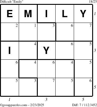 The grouppuzzles.com Difficult Emily puzzle for Sunday February 23, 2025 with all 7 steps marked